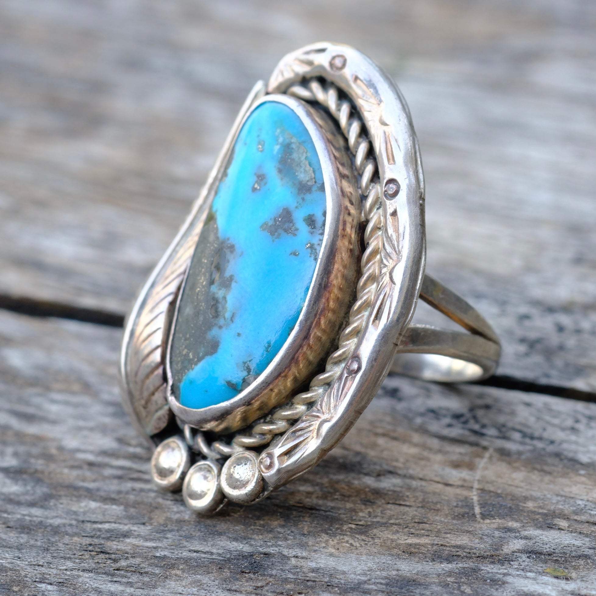 Vintage Sterling Turquoise Feather Ring 9.5