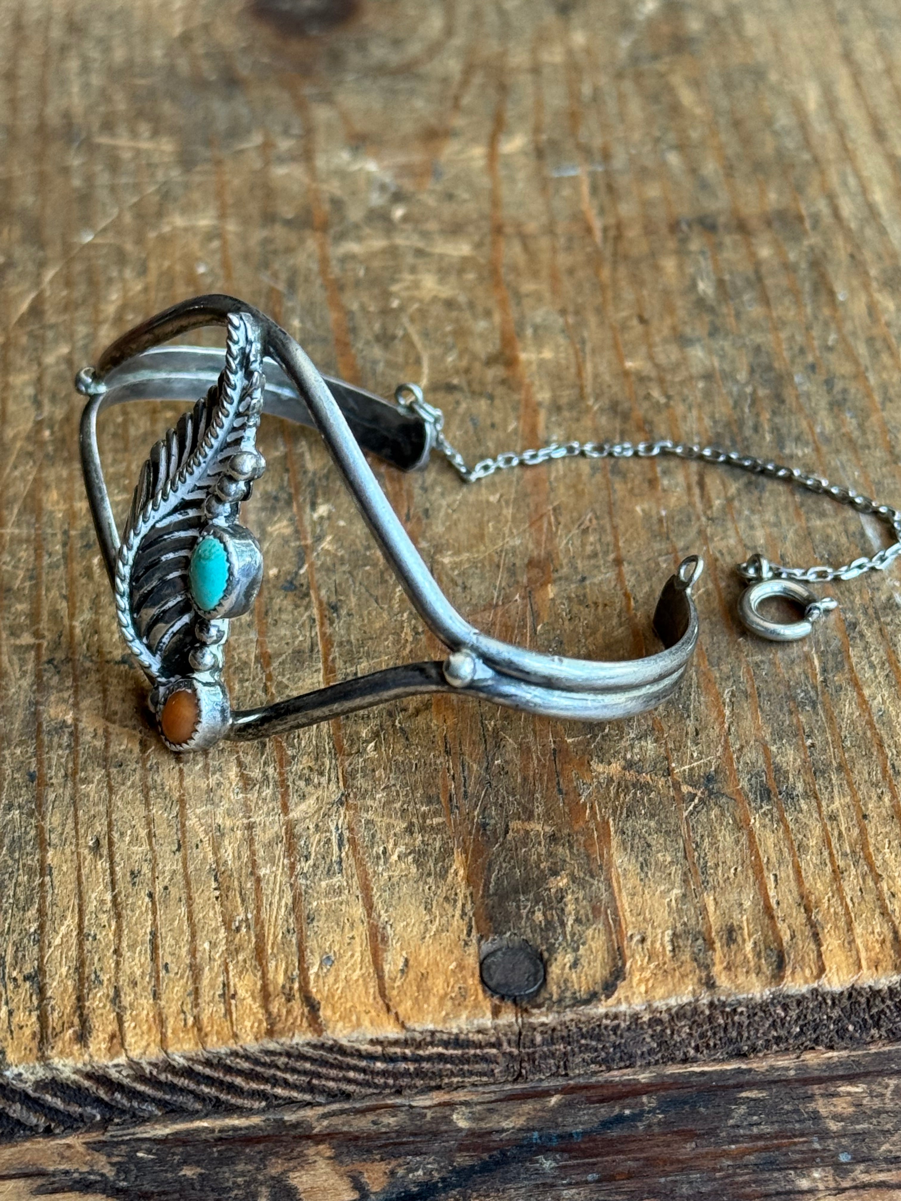 Vintage Sterling Silver Turquoise & Coral Leaf Cuff