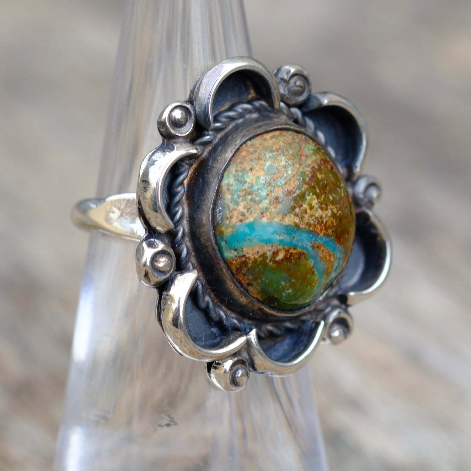 Vintage Sterling Turquoise Florette Ring 5