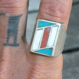 Vintage Sterling Turquoise Coral and Mother Of Pearl Inlay Ring 10