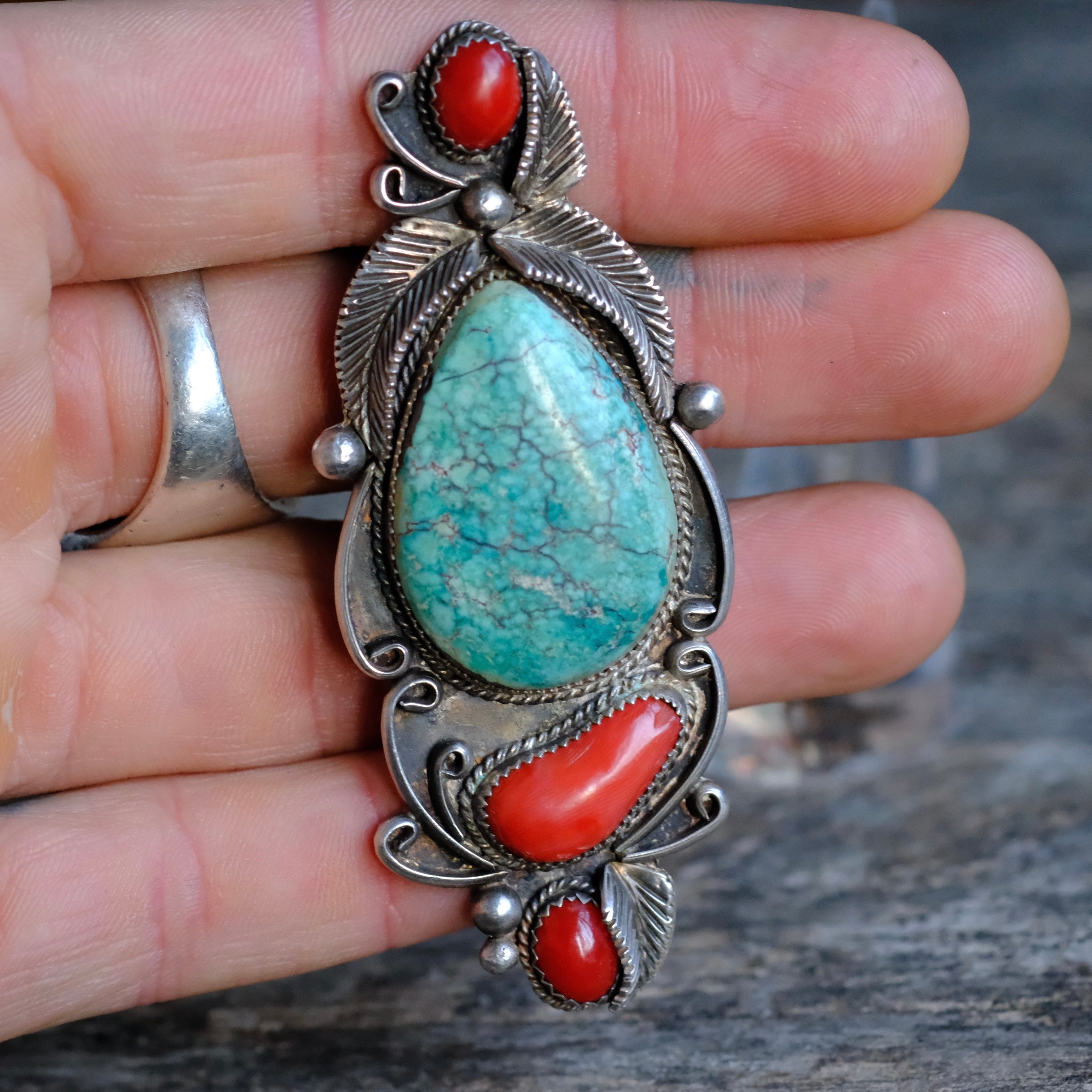 MASSIVE 3" Vintage Sterling Turquoise and Coral Feather Ring 9.5