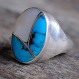 Vintage Sterling Zuni Inlay Turquoise and Mother Of Pearl Ring 10.25