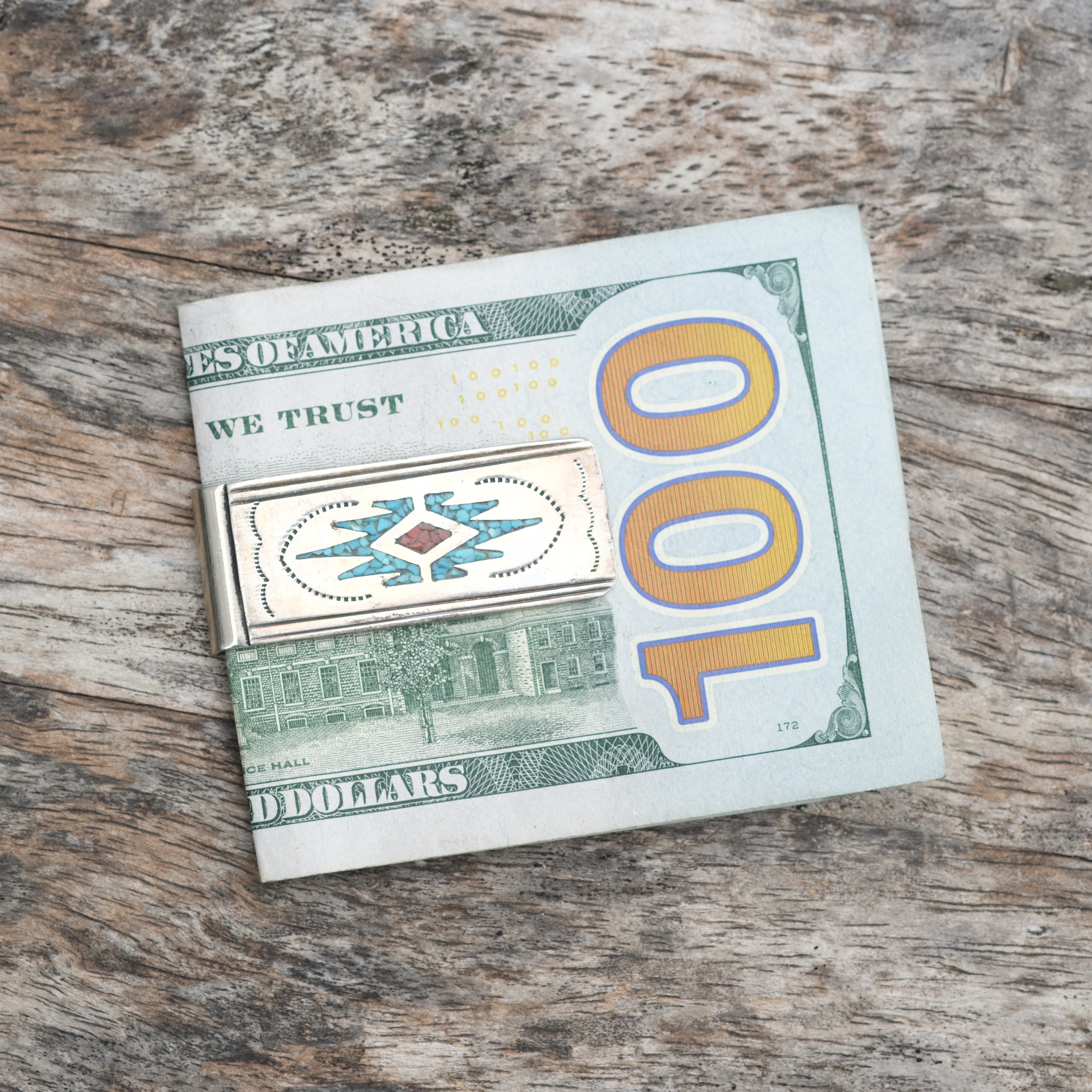 Vintage Sterling Overlay Turquoise and Coral Inlay Money Clip