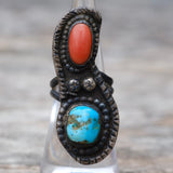 Vintage Sterling Turquoise and Coral Roper Ring 5.25