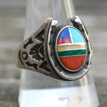 Vintage Sterling Multistone Inlay Horseshoe Ring 11.5