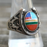 Vintage Sterling Multistone Inlay Horseshoe Ring 11.5