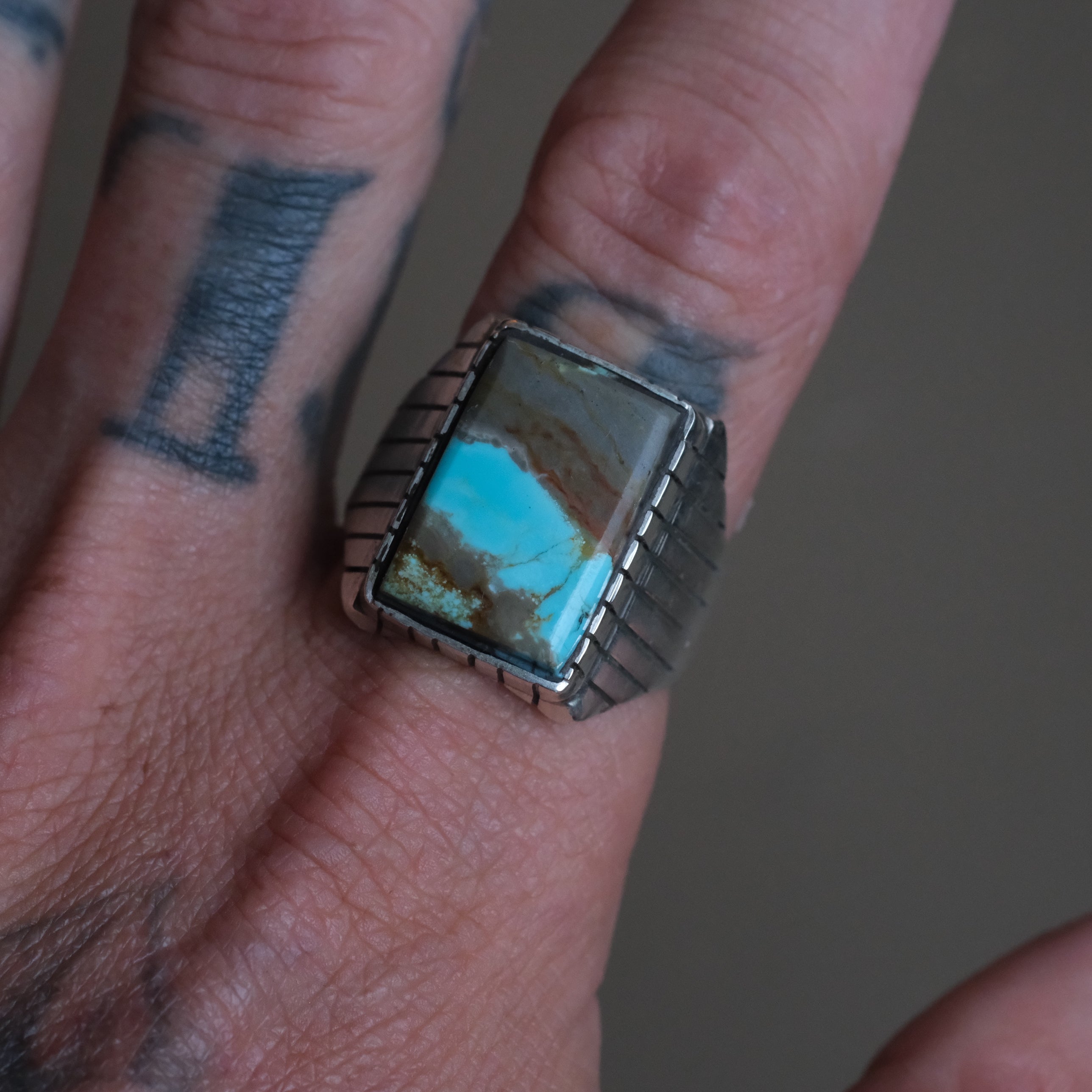 Vintage Sterling Turquoise Ribbed Band Ring 12.75