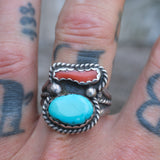 Vintage Sterling Turquoise and Coral Ring 11.75