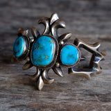 HEAVY Vintage Sterling Blue Gem Turquoise Sandcast Cuff