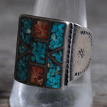 Vintage Sterling Crushed Turquoise and Coral Inlay Ring 11