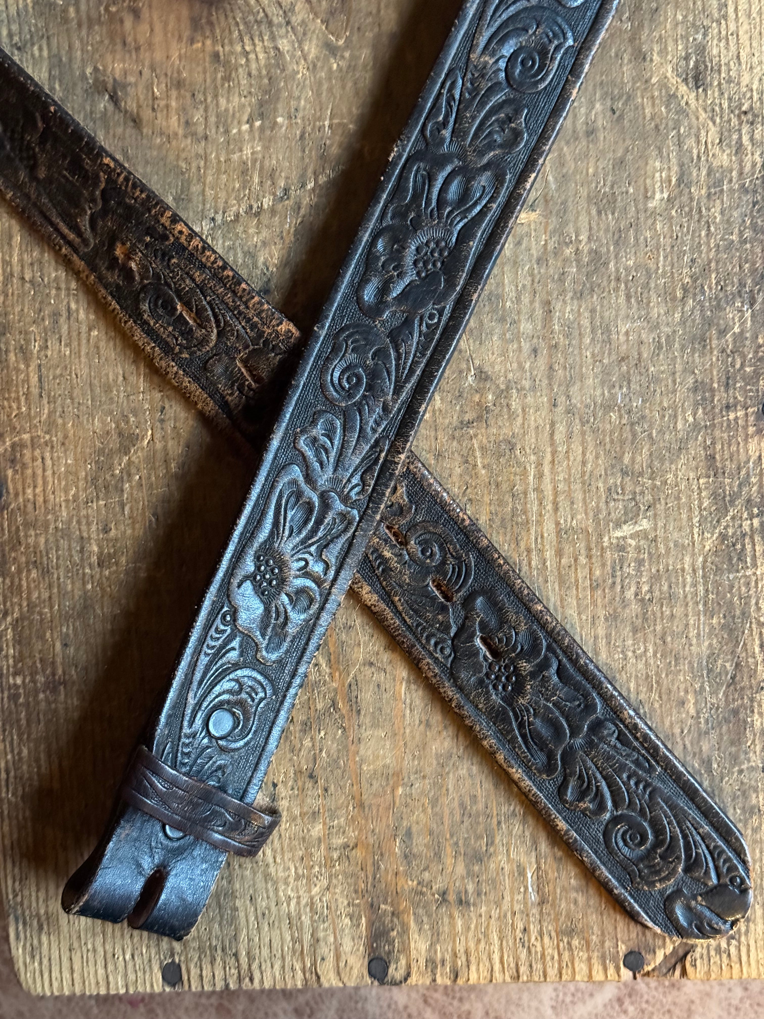 Vintage Dark Brown Flower Tooled Leather Belt