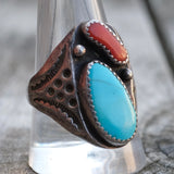 Vintage Sterling Turquoise and Coral Stamped Band Ring 11