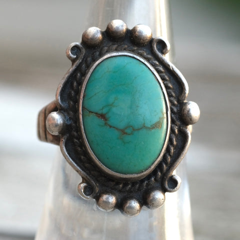 Vintage Sterling Turquoise Trading Post Ring 6.75