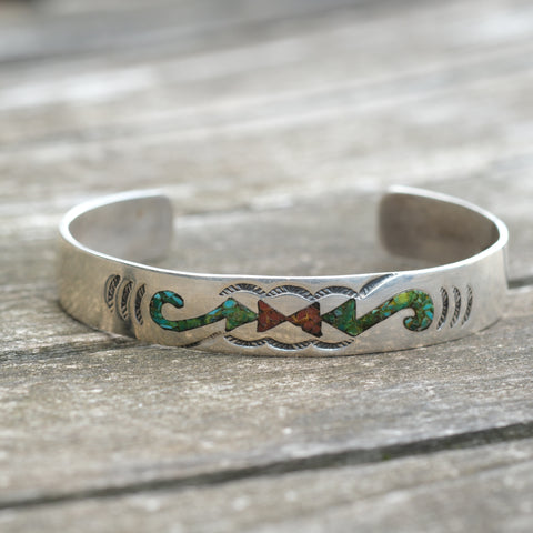 Vintage Sterling Turquoise and Coral Inlay Cuff