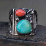 Vintage Sterling Turquoise and Coral Tribal Band 9