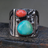 Vintage Sterling Turquoise and Coral Tribal Band 9