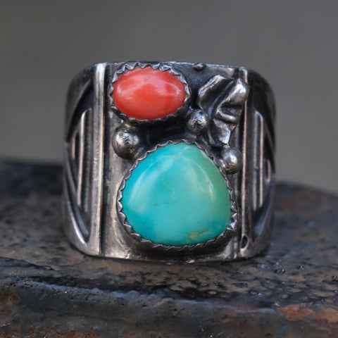 Vintage Sterling Turquoise and Coral Tribal Band 9