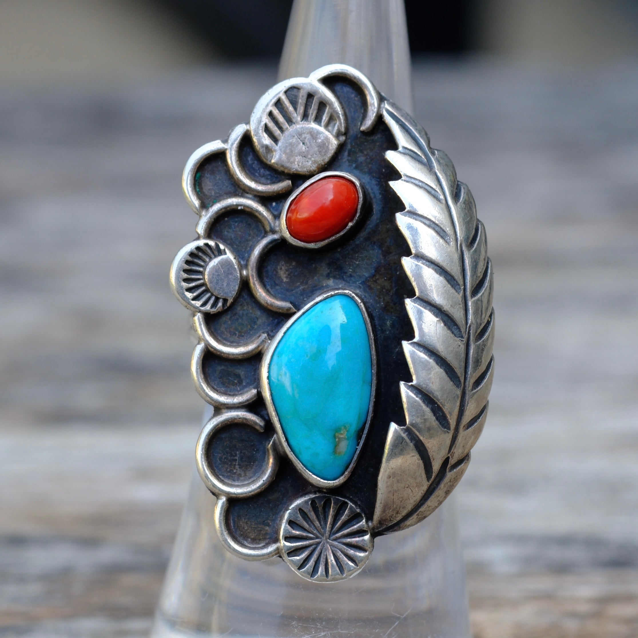 Vintage Sterling Turquoise and Coral Feather Ring 6.5
