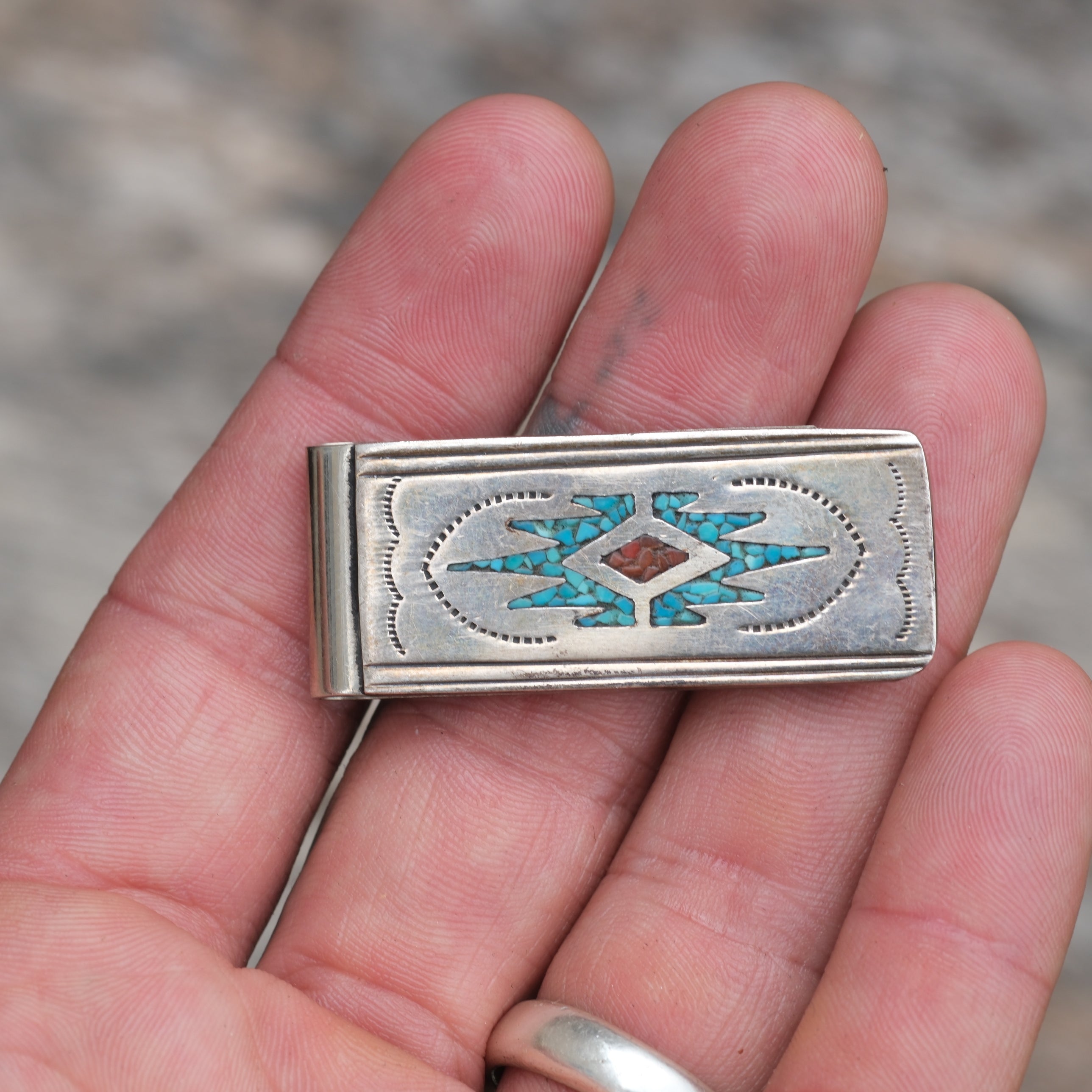 Vintage Sterling Overlay Turquoise and Coral Inlay Money Clip