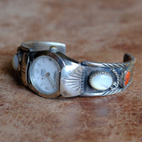 Vintage Sterling Mother Of Pearl and Coral Watch Cuff Bracelet