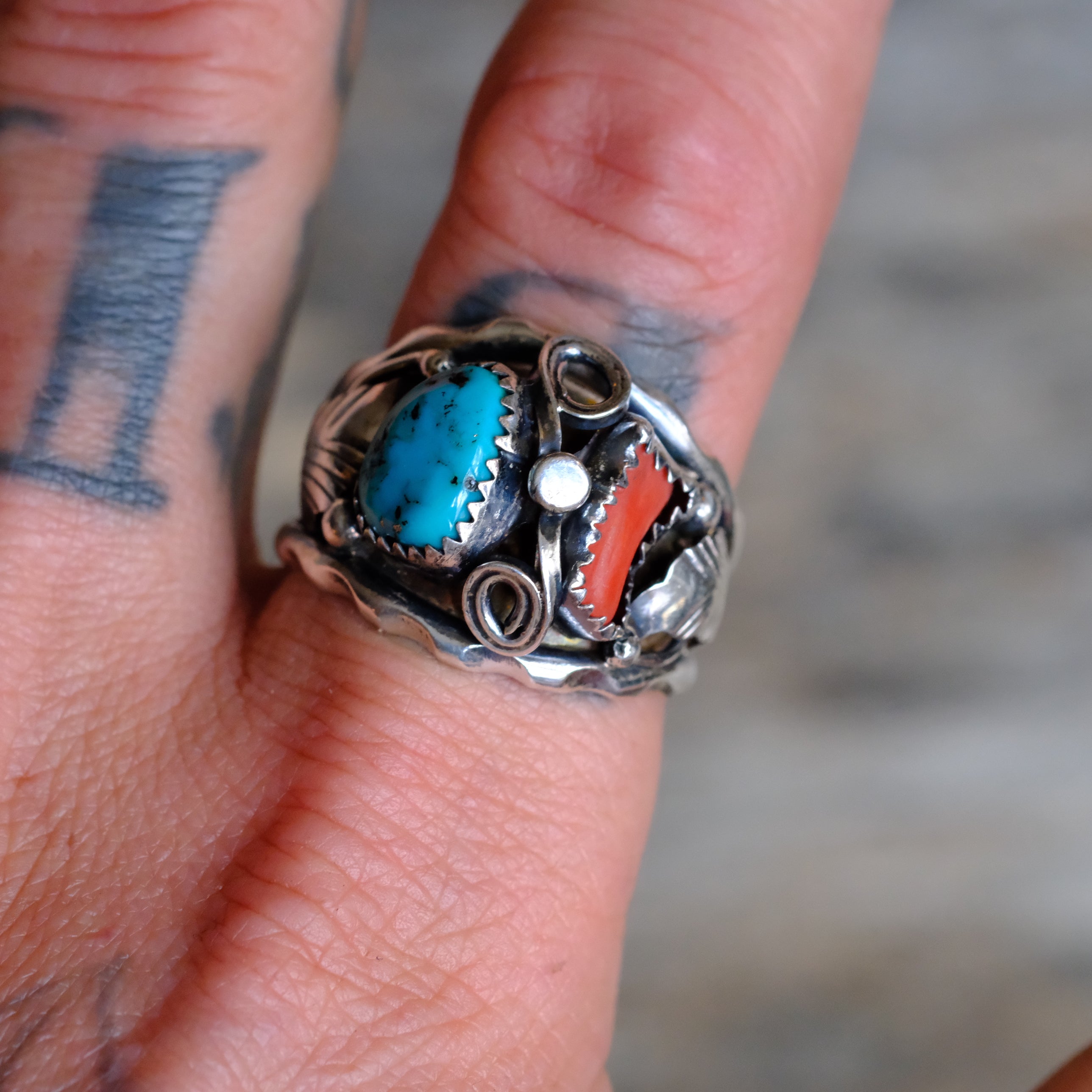 Vintage Sterling Turquoise and Coral Feather Ring 12
