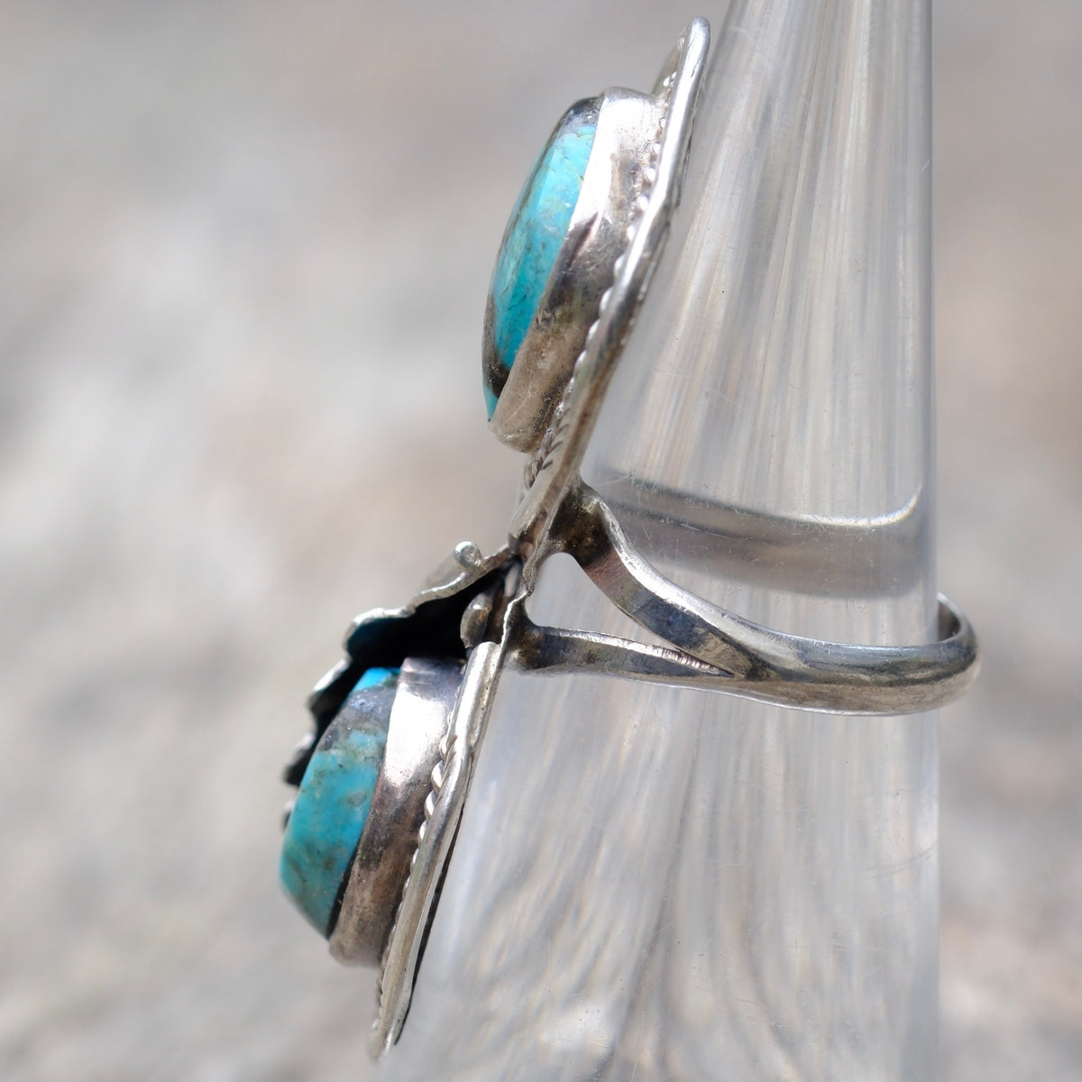 Vintage Sterling 2-Stone Turquoise Feather Ring 4.5