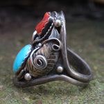 Vintage Sterling Turquoise and Coral Feather Ring 11.5