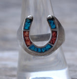 Vintage Sterling Crushed Turquoise and Coral Horseshoe Ring 9