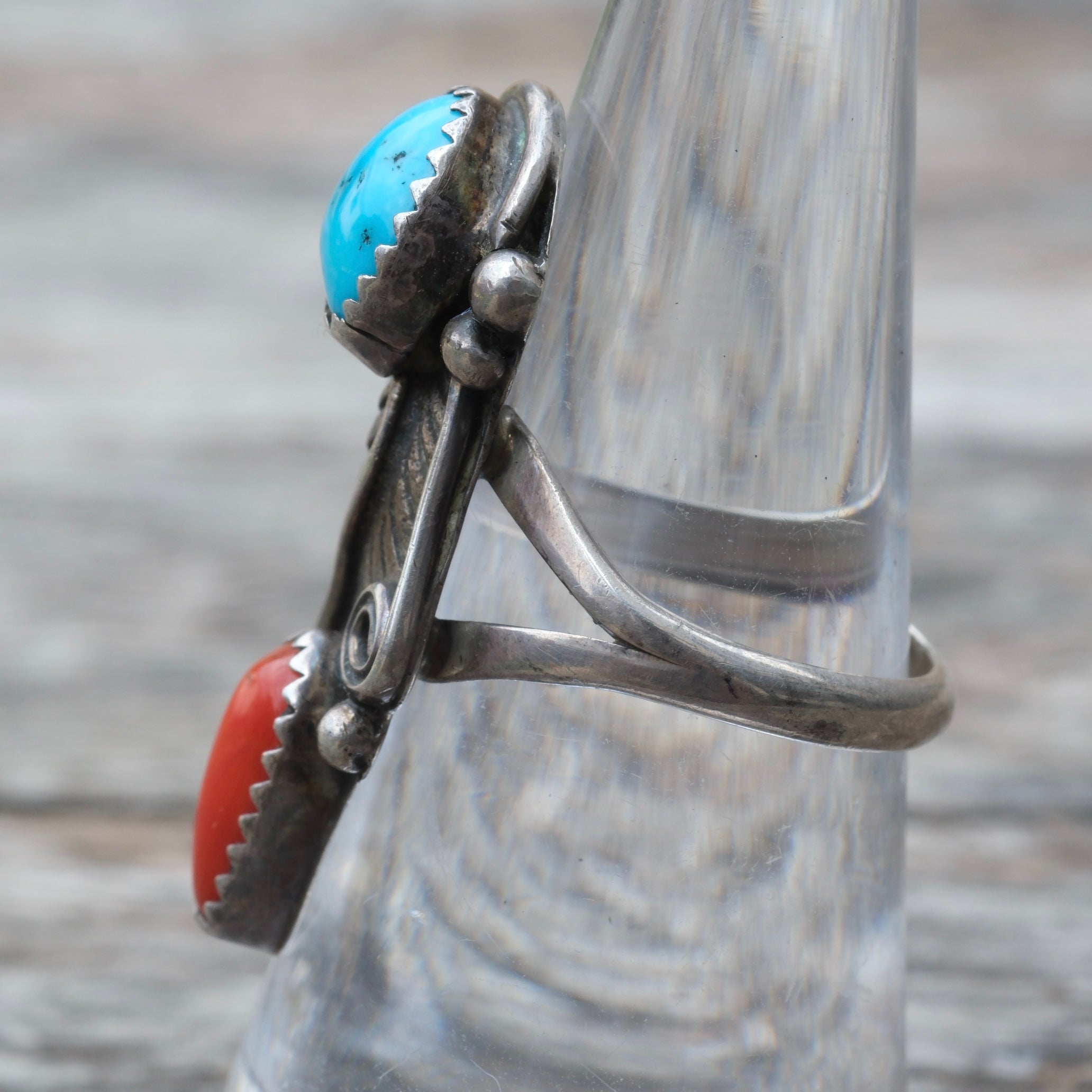 Vintage Sterling Turquoise and Coral Feather Ring 6.75