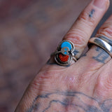 Vintage Sterling Turquoise and Coral Snake Ring 6.25