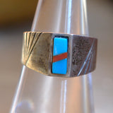 Vintage Sterling Turquoise and Coral Inlay Ring 7.5