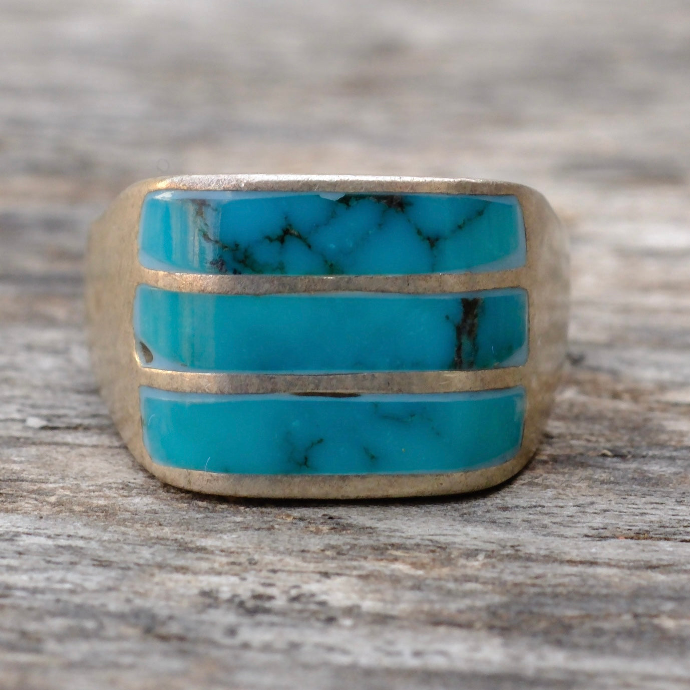 Vintage Sterling Turquoise Inlay Striper Ring 8.5