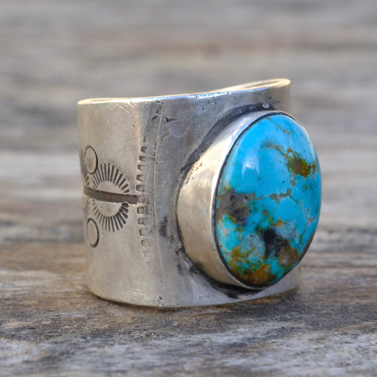 Sterling Silver Fox Turquoise Stamped Ring 8.5