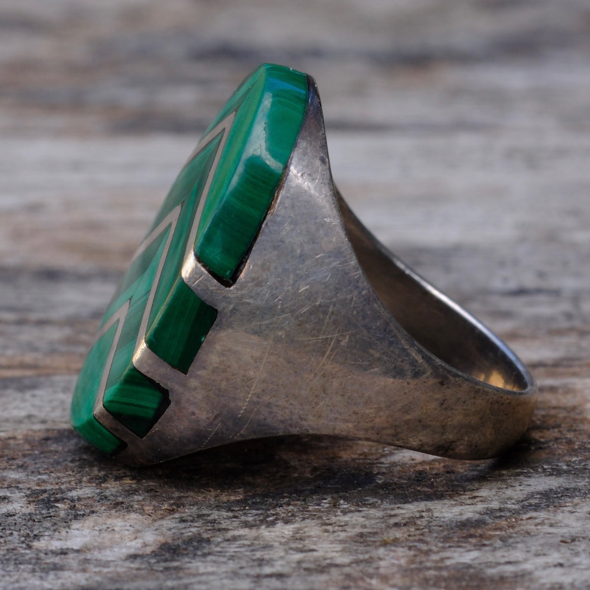 Vintage Sterling Malachite Inlay Ring 10