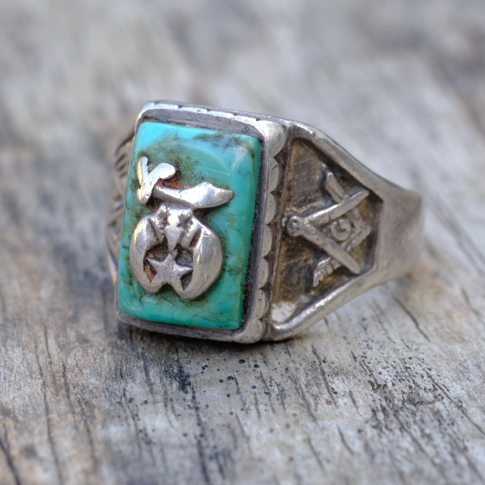 Vintage Sterling Turquoise Masonic Signet Ring 11