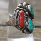 Vintage Sterling Turquoise and Coral Ring 8.75