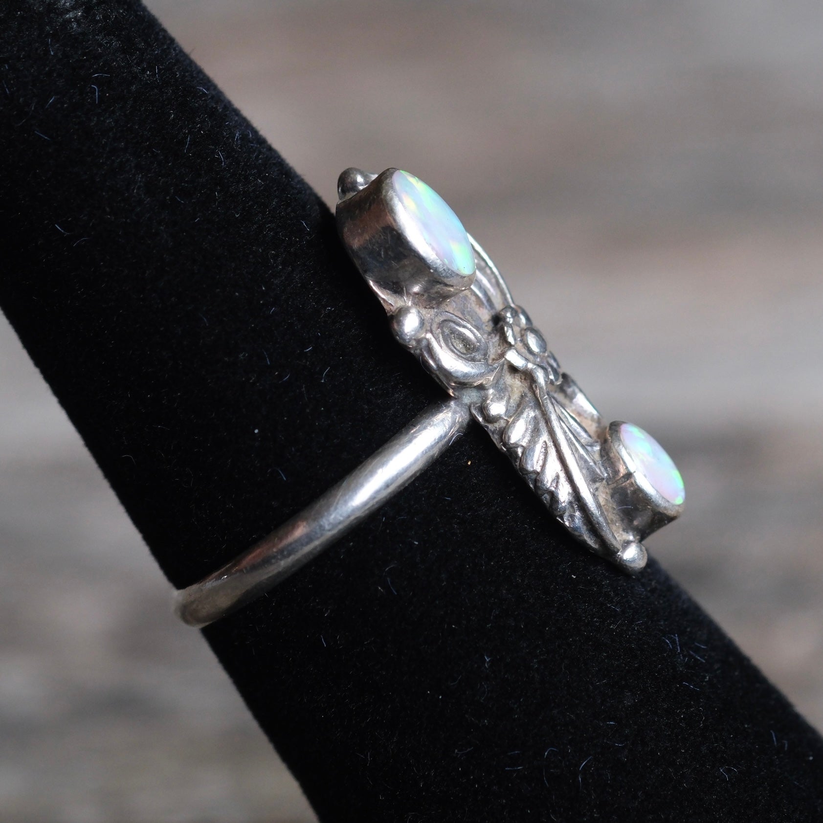 Vintage Sterling 2-Stone Opalite Feather Ring 5.5