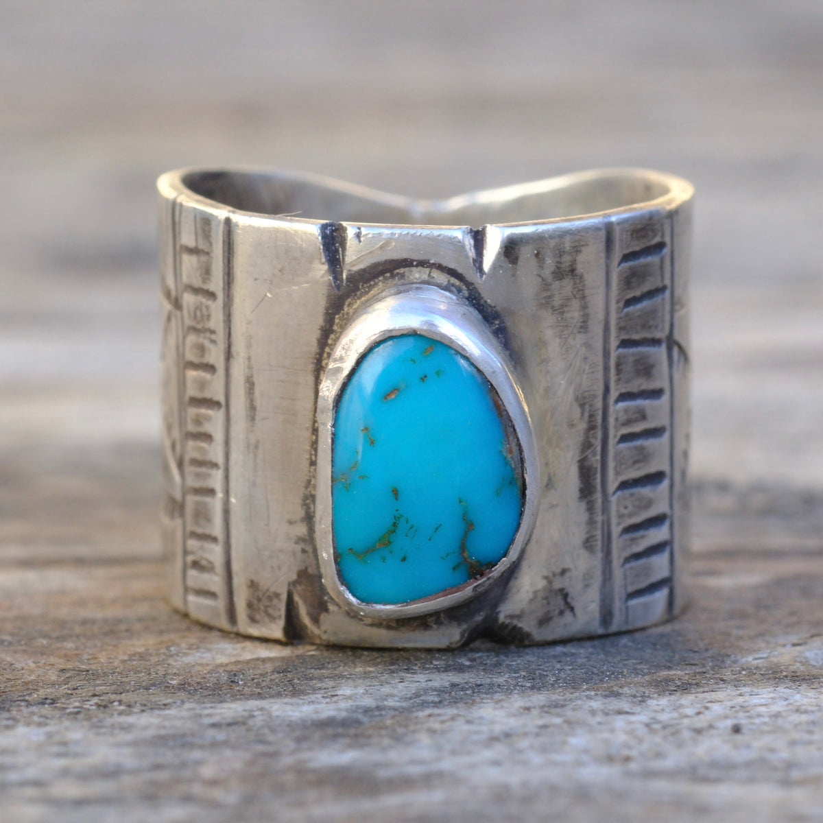 Sterling Silver Pilot Mountain Turquoise Stamped Ring 8.25