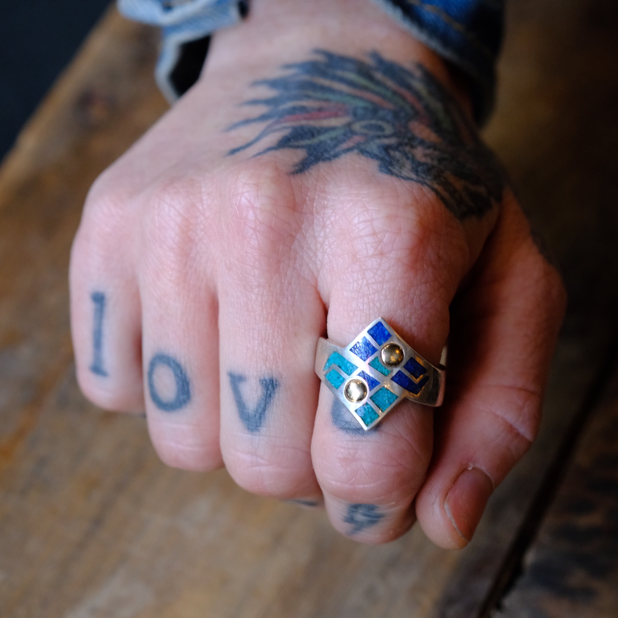 Vintage Sterling Turquoise and Lapis Inlay Ring 9.75