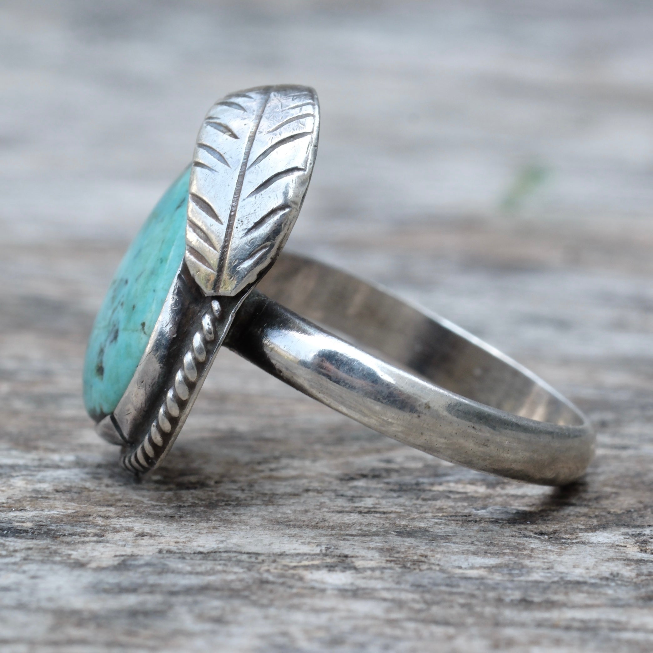 Vintage Sterling Turquoise Feather Ring 9.5