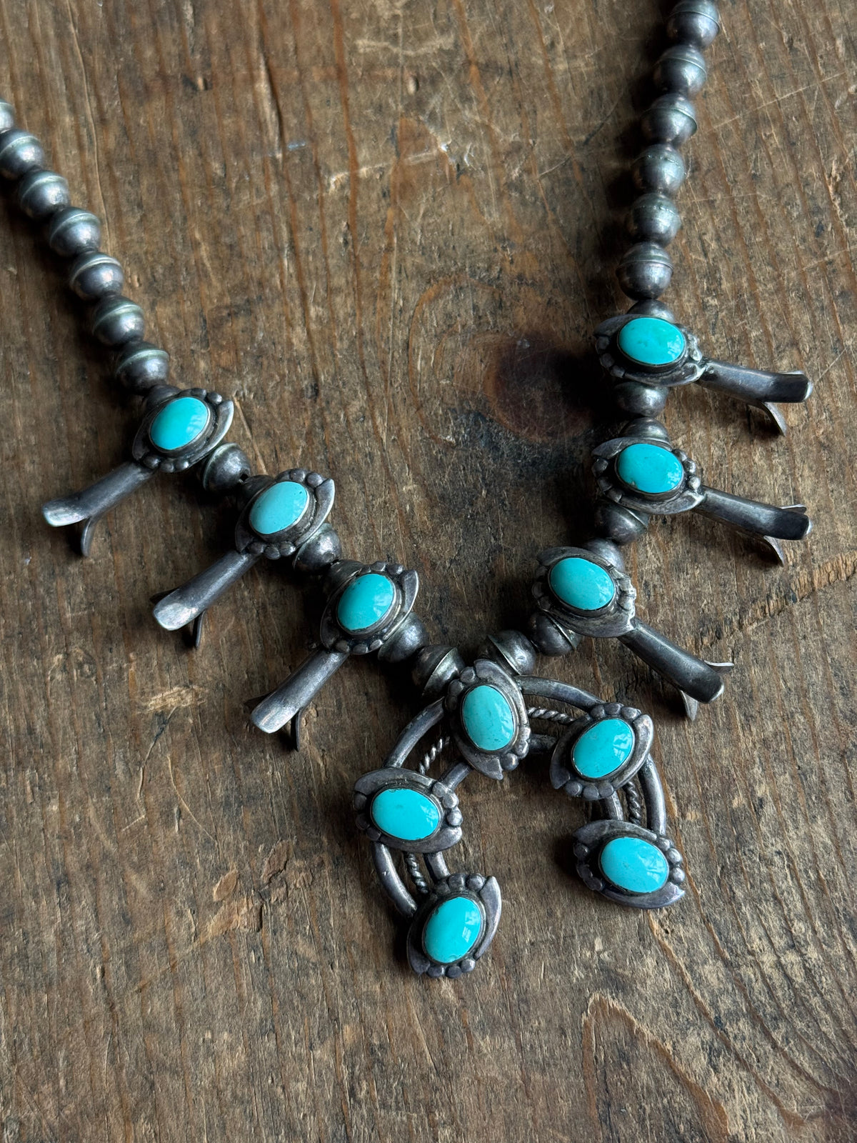 Vintage Sterling Silver Turquoise Squash Blossom Necklace