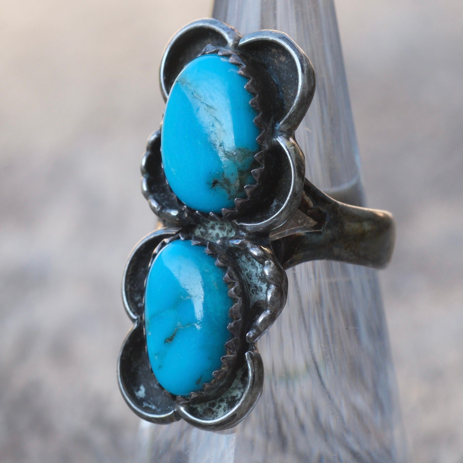 Vintage Sterling 2-Stone Turquoise Florette Ring 5
