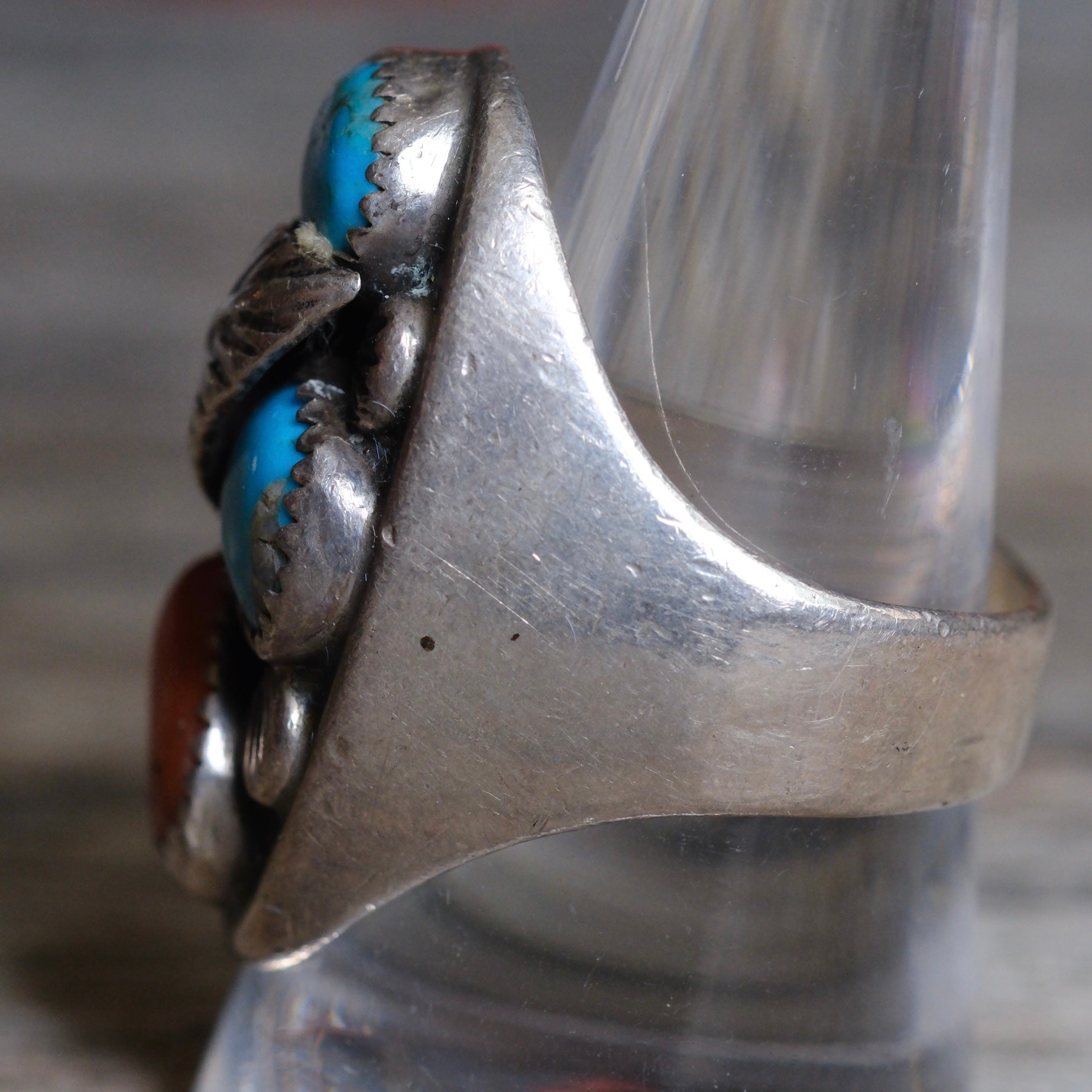 Vintage Sterling Turquoise and Coral Feather Ring 9.5