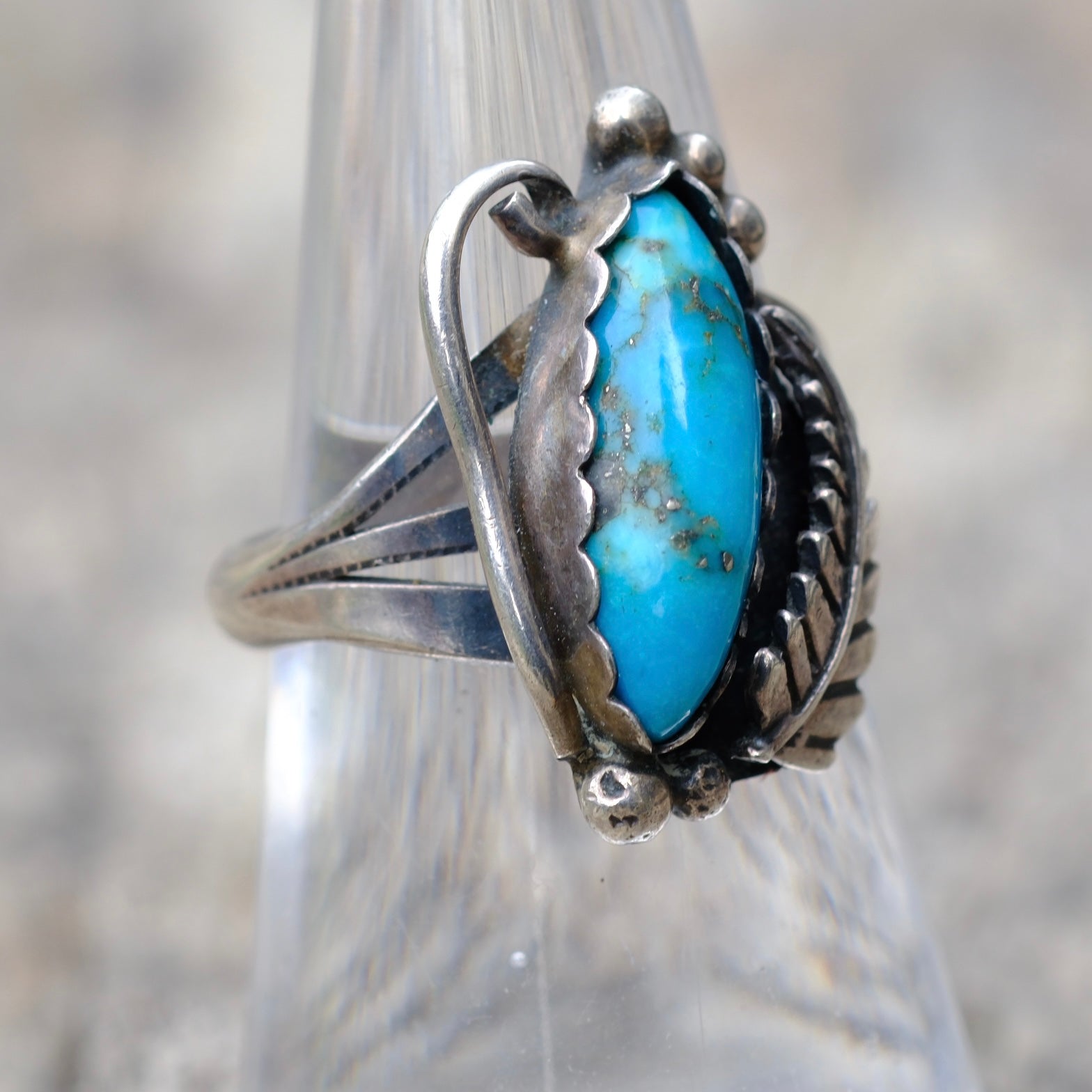 Vintage Sterling Turquoise Feather Ring 6.75