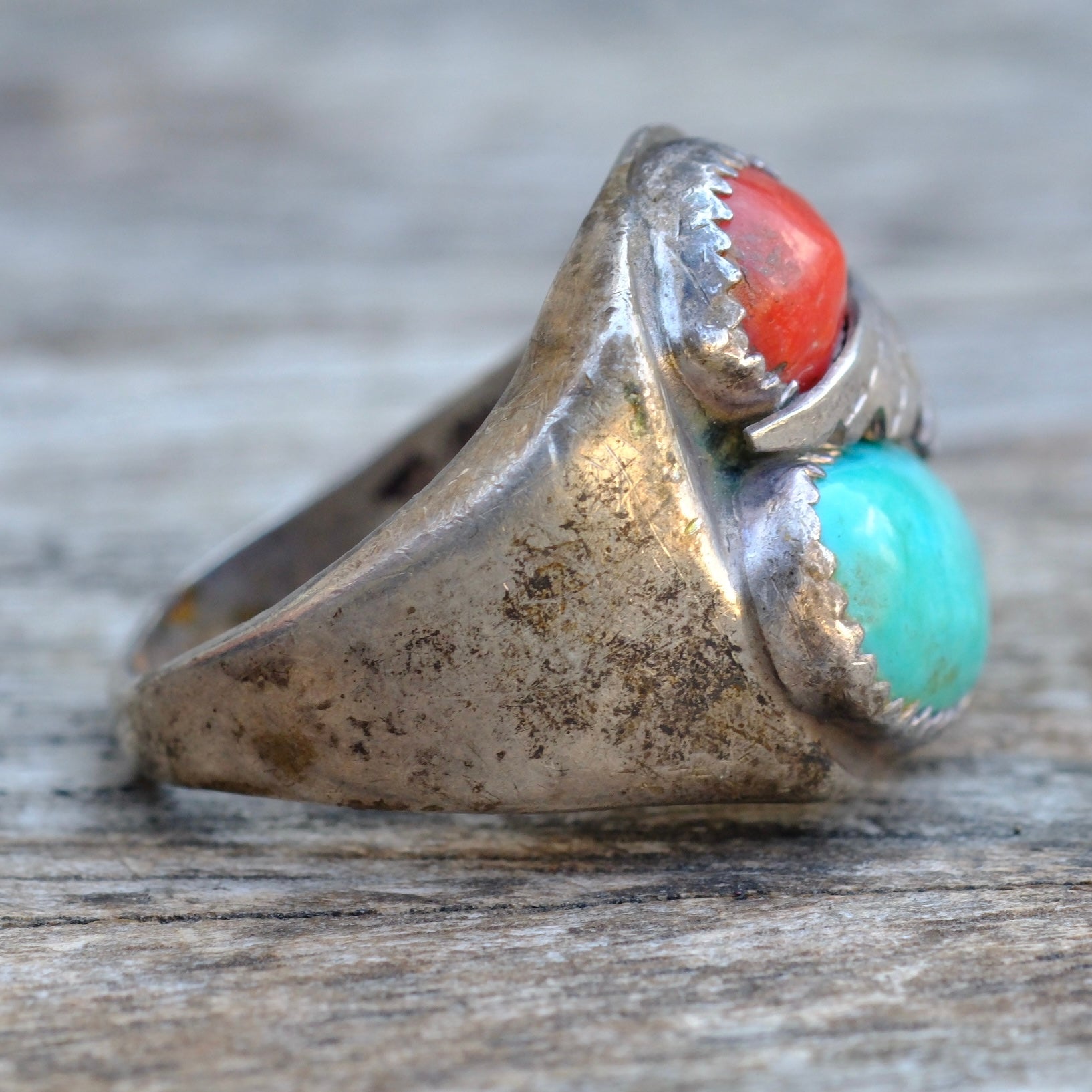 Vintage Sterling Turquoise and Coral Feather Ring 9