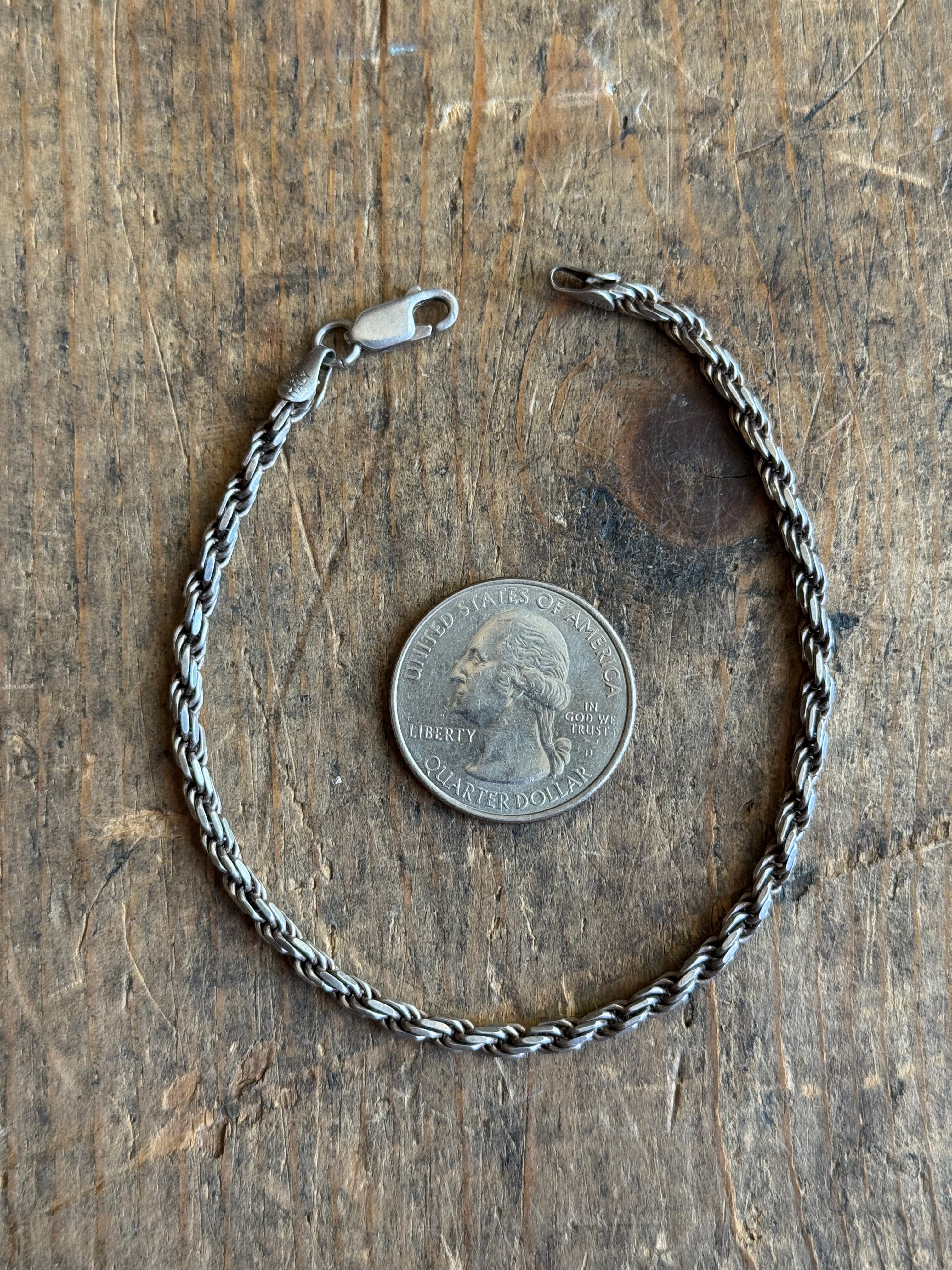 Vintage Sterling Silver Rope Chain Bracelet 8"
