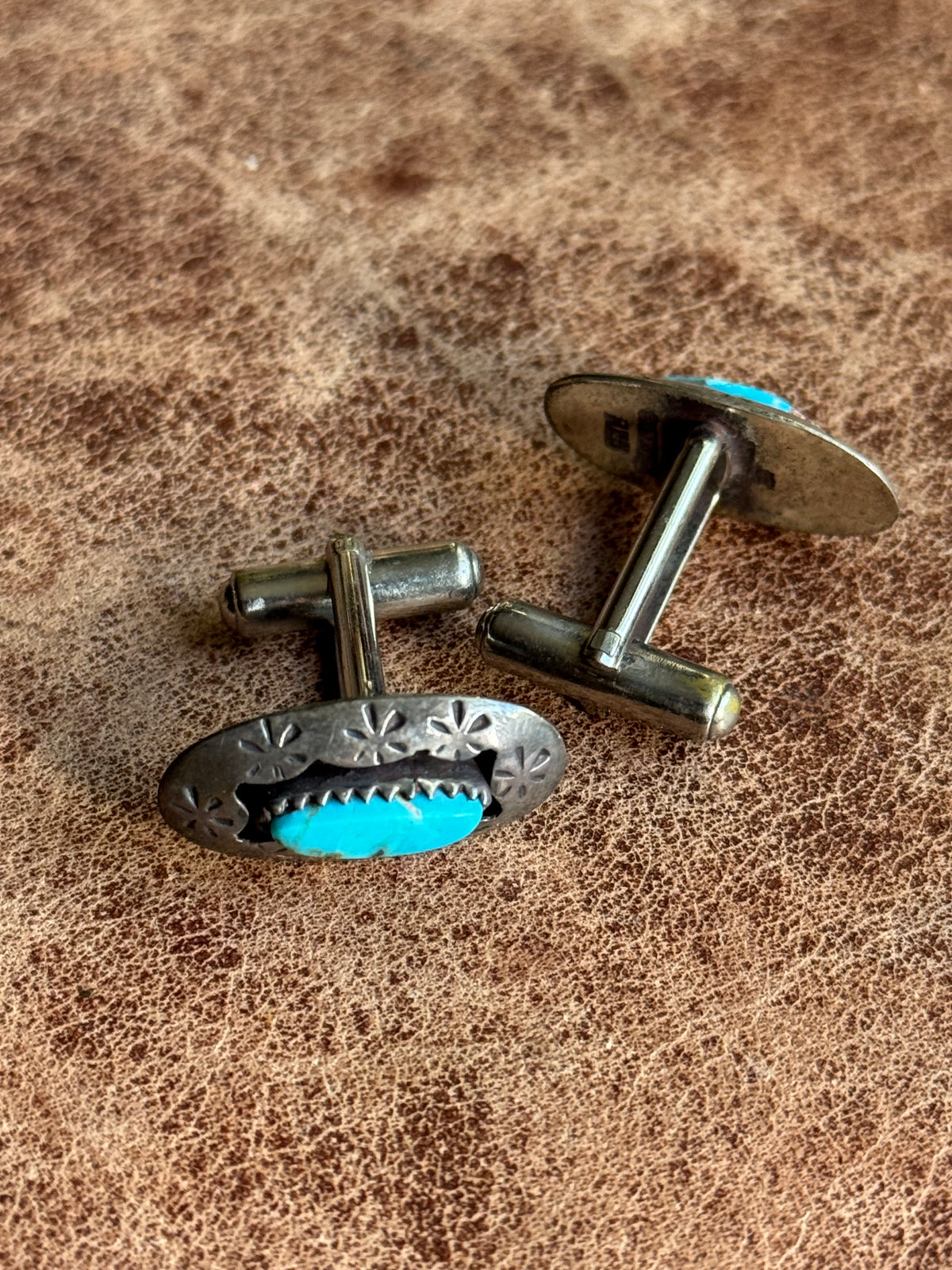 Vintage Sterling Silver Stamped Turquoise Shadowbox Cufflinks