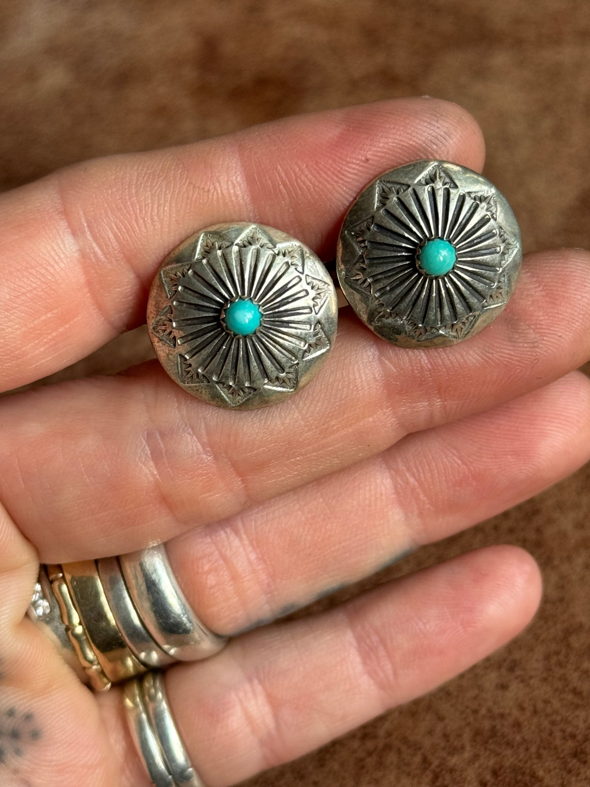 Vintage Sterling Silver Stamped Turquoise Concho Cufflinks.