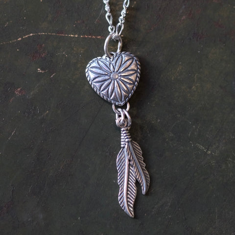 Vintage Sterling Heart Feather Necklace