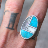 Vintage Sterling Turquoise and Mother Of Pearl Inlay Ring 10.25